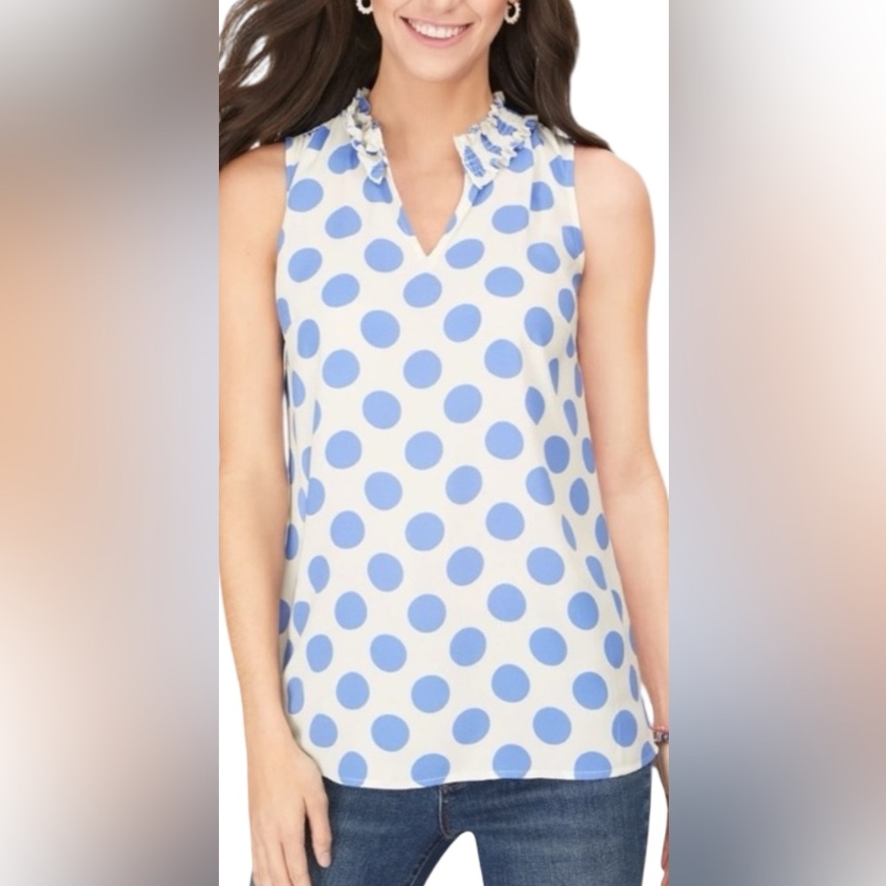 Talbots Light Blue Polka Dot Sleeveless Split Neck Polyester Blouse 1X